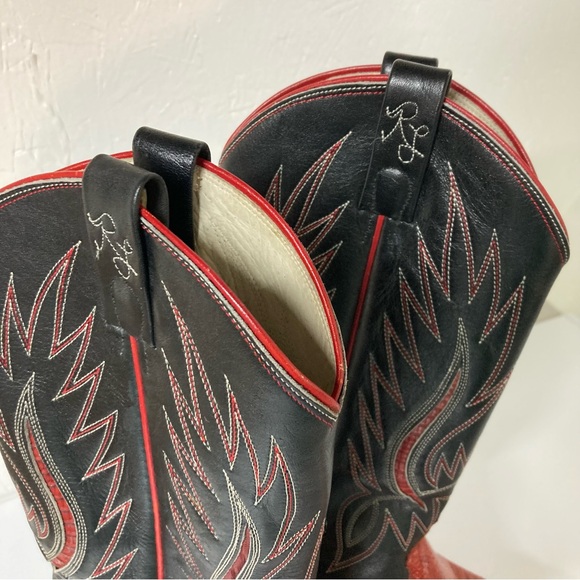 Ralph Lauren Lucchese Red Black leather Cowboy Western Boots vintage inlay 7 - Picture 2 of 16